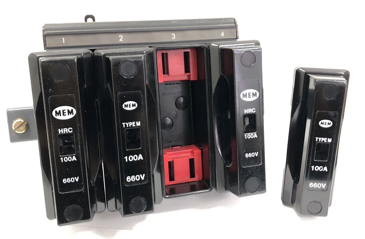 4Way MEM TYPE M 100Amp Industrial HRC Fuse Carrier x4 & Base Busbar